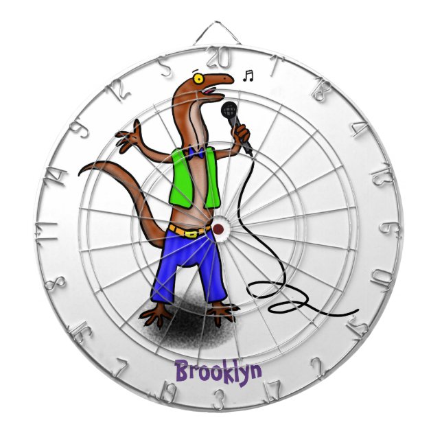Funny lizard singing with microphone cartoon dartboard (Front)