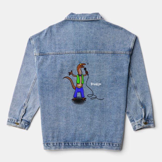 Funny lizard singing with microphone cartoon denim jacket (Back)