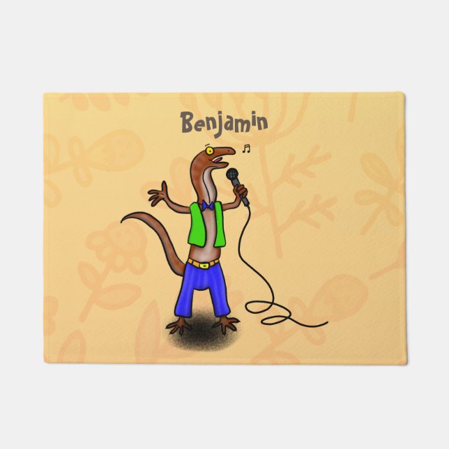Funny lizard singing with microphone cartoon doormat (Front)