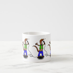 Funny lizard singing with microphone cartoon espresso cup