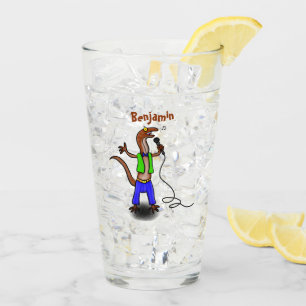 Funny lizard singing with microphone cartoon glass