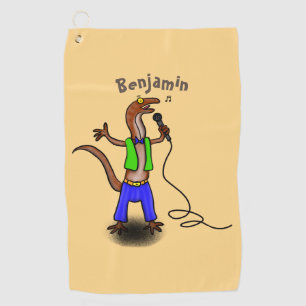 Funny lizard singing with microphone cartoon  golf towel