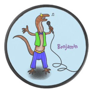Funny lizard singing with microphone cartoon hockey puck