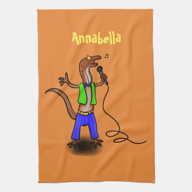 Funny lizard singing with microphone cartoon kitchen towel (Vertical)