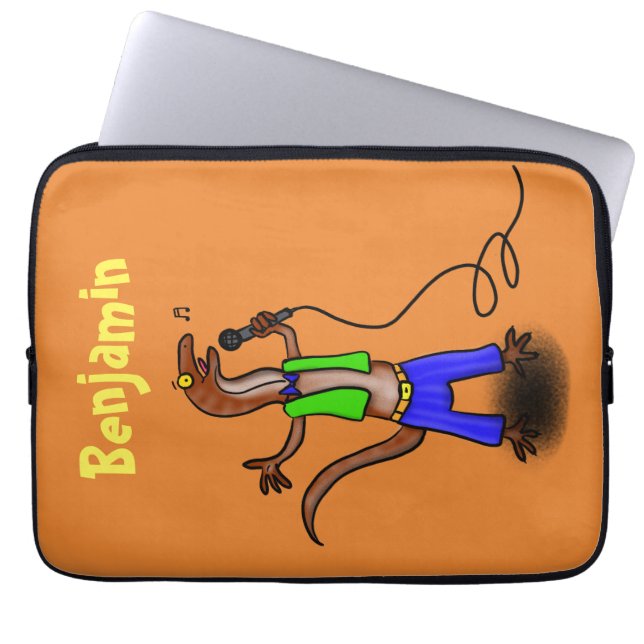 Funny lizard singing with microphone cartoon laptop sleeve (Front)