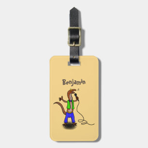 Funny lizard singing with microphone cartoon luggage tag