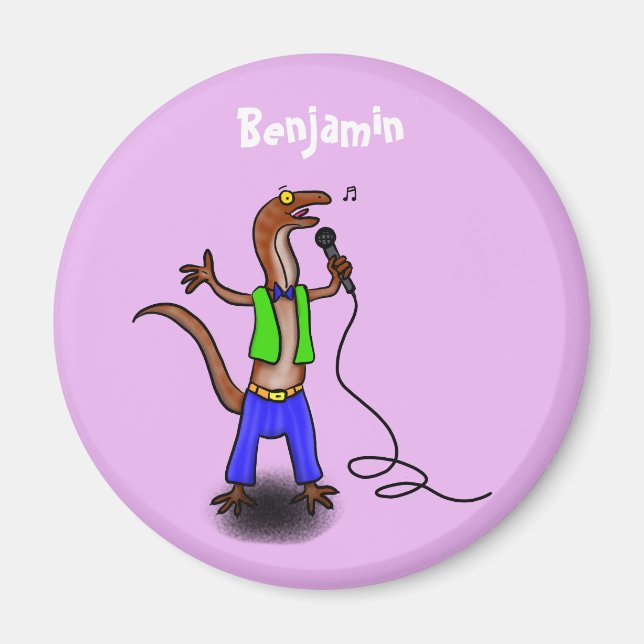Funny lizard singing with microphone cartoon magnet (Front)