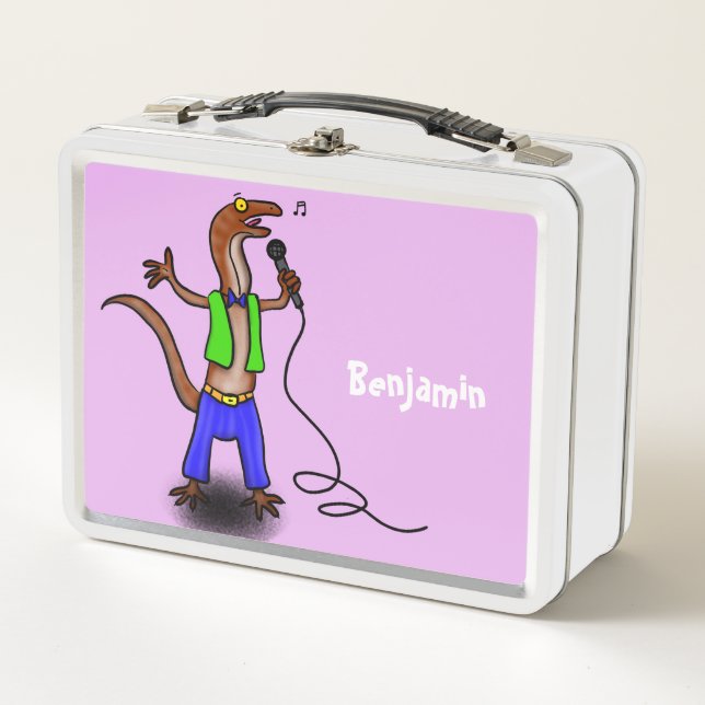 Funny lizard singing with microphone cartoon metal lunch box (Front)