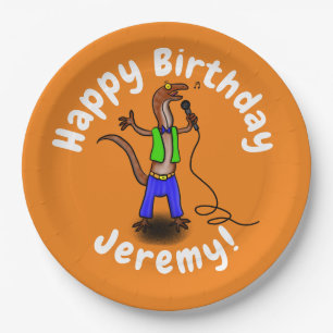 Funny lizard singing with microphone cartoon paper plate