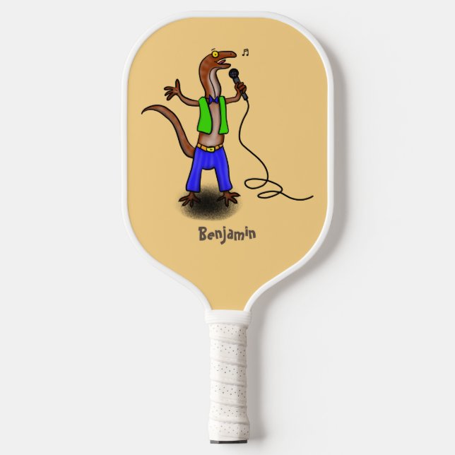Funny lizard singing with microphone cartoon  pickleball paddle (Front)