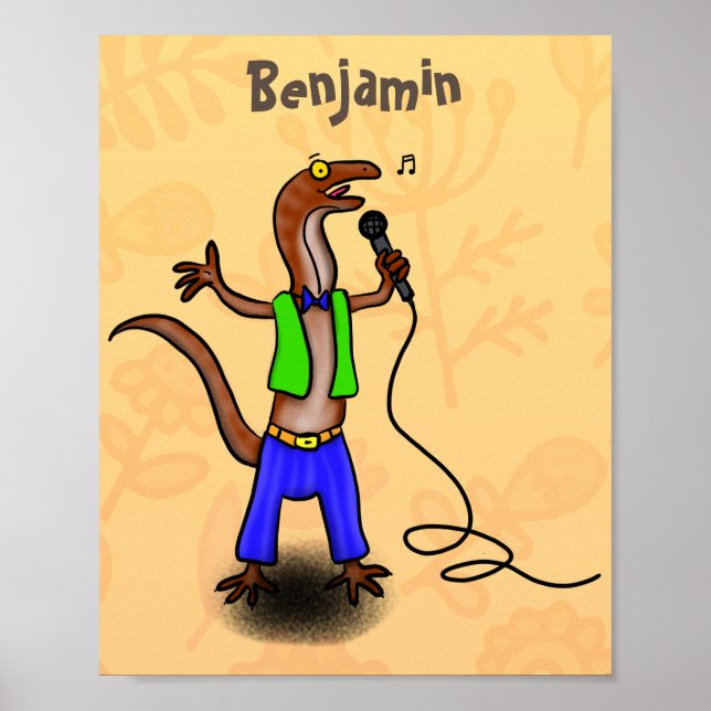 Funny lizard singing with microphone cartoon poster (Front)