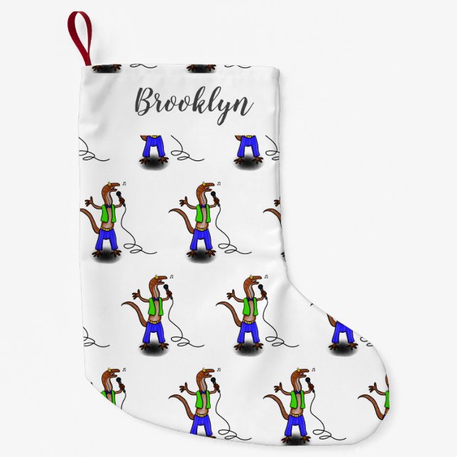 Funny lizard singing with microphone cartoon small christmas stocking (Front)