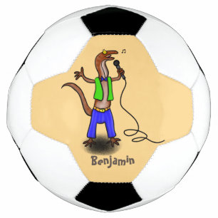 Funny lizard singing with microphone cartoon soccer ball