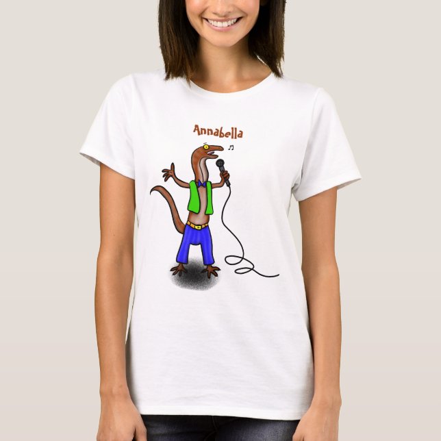 Funny lizard singing with microphone cartoon T-Shirt (Front)