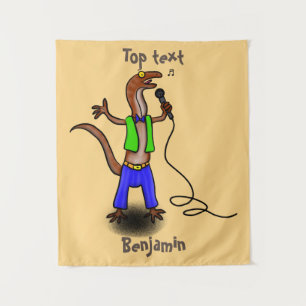 Funny lizard singing with microphone cartoon tapestry