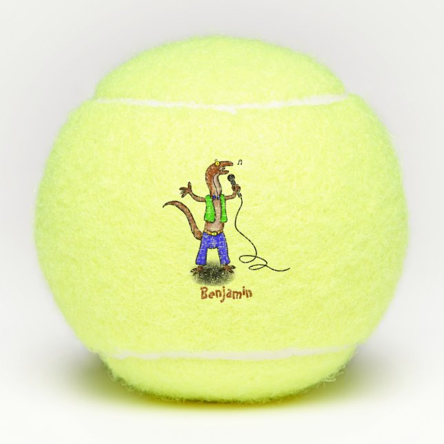 Funny lizard singing with microphone cartoon tennis balls (Front)