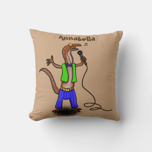 Funny lizard singing with microphone cartoon throw pillow