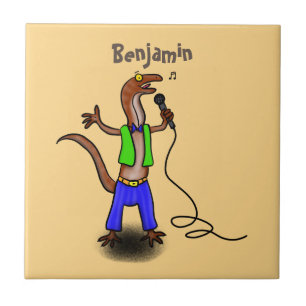 Funny lizard singing with microphone cartoon tile