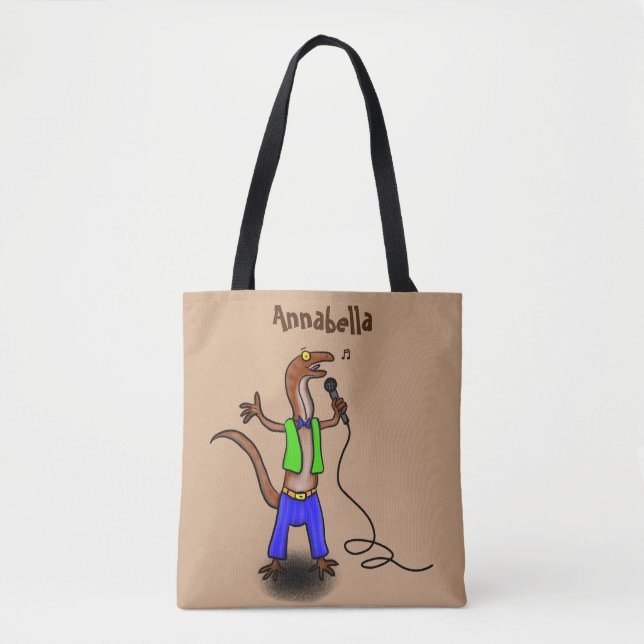 Funny lizard singing with microphone cartoon tote bag (Front)