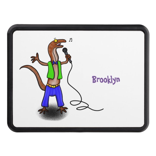 Funny lizard singing with microphone cartoon trailer hitch cover (Front)