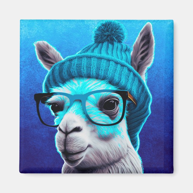 Funny Llama Alpaca Cute Animals Beanie Hat Glasses Magnet (Front)