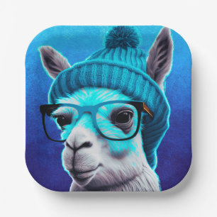 Funny Llama Alpaca Cute Animals Beanie Hat Glasses Paper Plate