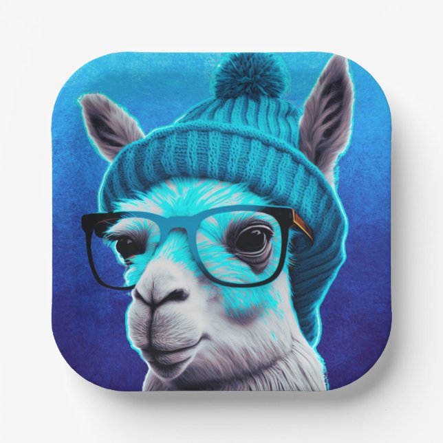 Funny Llama Alpaca Cute Animals Beanie Hat Glasses Paper Plate (Front)