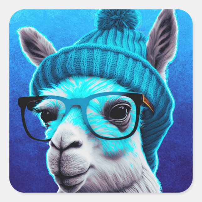 Funny Llama Alpaca Cute Animals Beanie Hat Glasses Square Sticker (Front)