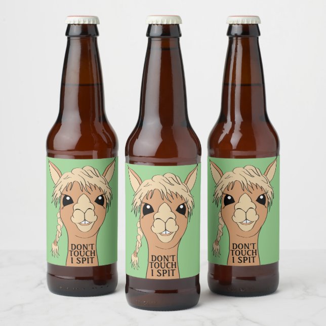 Funny Llama Don't Touch I Spit | Green Beer Bottle Label (Bottles)