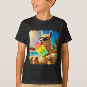 Funny llama eating popsicle summer beach animal T-Shirt