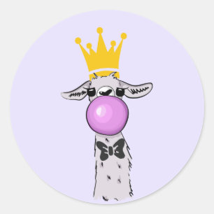 Funny Llama Illustration Blowing a Pink Bubble Classic Round Sticker