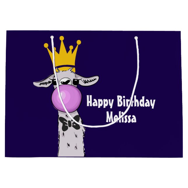 Funny Llama Illustration Blowing a Pink Bubble Large Gift Bag (Front)