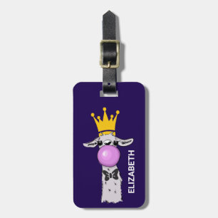 Funny Llama Illustration Blowing a Pink Bubble Luggage Tag