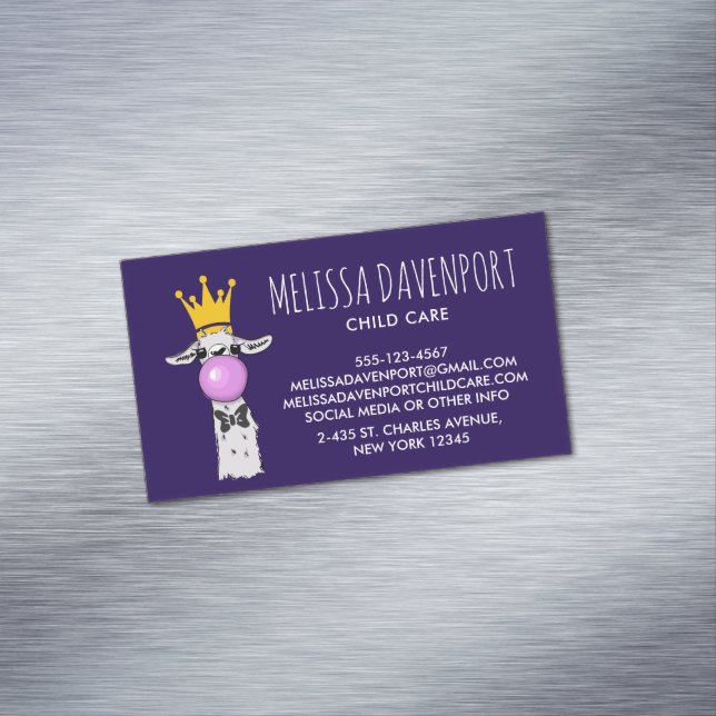 Funny Llama Illustration Blowing a Pink Bubble Magnetic Business Card (In Situ)