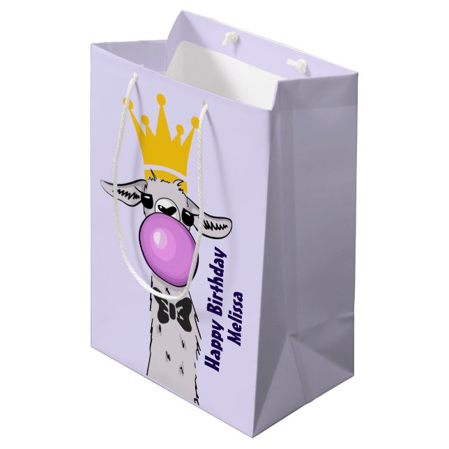 Funny Llama Illustration Blowing a Pink Bubble Medium Gift Bag (Front Angled)