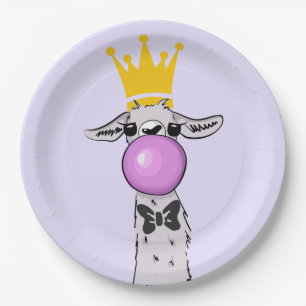 Funny Llama Illustration Blowing a Pink Bubble Paper Plate