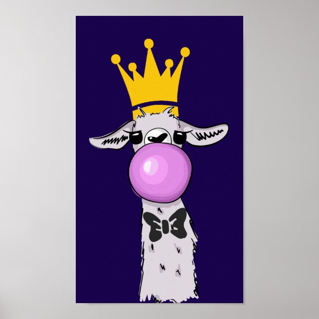 Funny Llama Illustration Blowing a Pink Bubble Poster (Front)