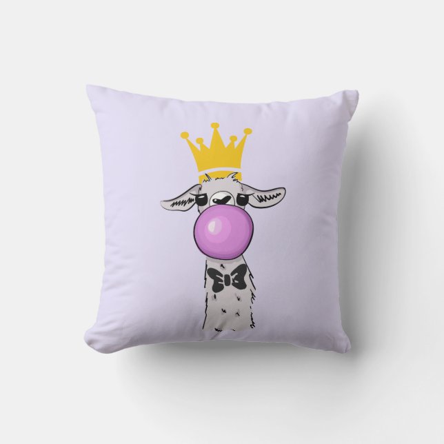 Funny Llama Illustration Blowing a Pink Bubble Throw Pillow (Front)