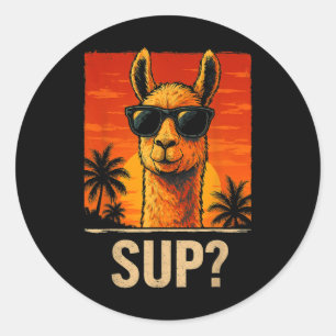 Funny Llama Sup Meme Sunset Beach Cool Animal Men Classic Round Sticker