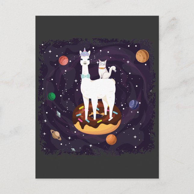 Funny Llama Unicorn with Cat on a Doughnut Galaxy Postcard (Front)