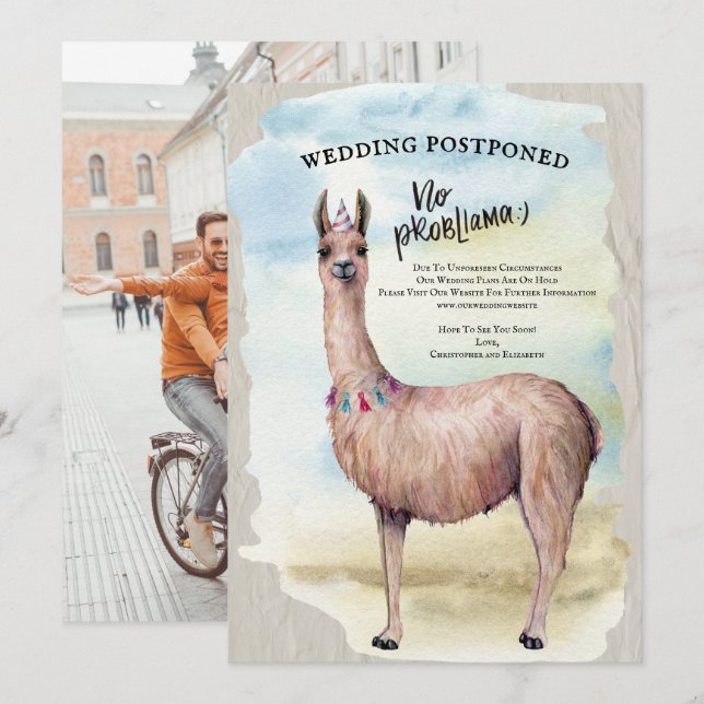 Funny Llama Wedding Photo Postponed Date Change Invitation (Front/Back)