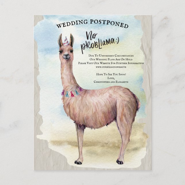 Funny Llama Wedding Postponed Date Change Postcard (Front)