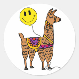Funny Llama with Smiley Face Balloon Cartoon Classic Round Sticker
