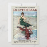 Funny Lobster Bake Invitation Template<br><div class="desc">This lobster bake invitation template features a digitally enhanced print of a vintage 1914 funny painting of a lobster with a banjo serenading a girl on the beach. You can easily personalize the text and customize the background colour with this template.</div>