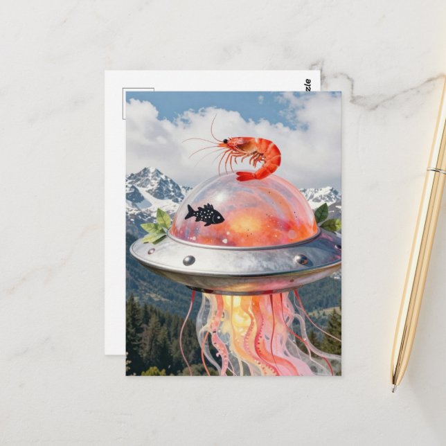 Funny Lobster Fish Surreal Jellyfish UFO Collage Postcard (Front/Back In Situ)