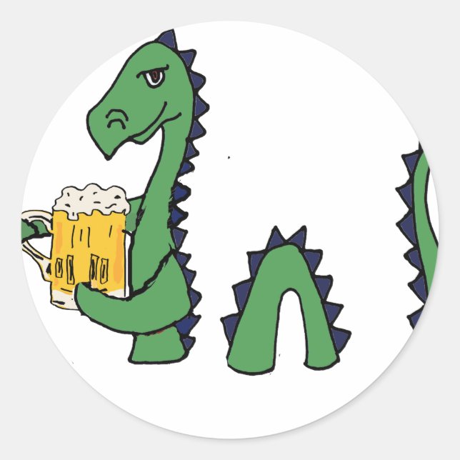 Funny Loch Ness Monster Drinking Beer Cartoon Classic Round Sticker (Front)