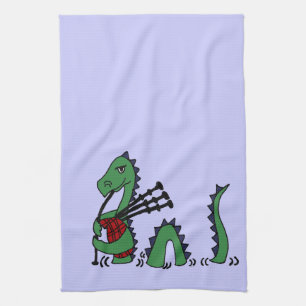 Funny Loch Ness Monster Playing Bagpipes Kitchen Towel