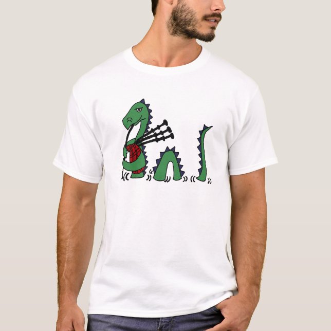 Funny Loch Ness Monster Playing Bagpipes T-Shirt (Front)