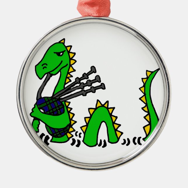 Funny Loch Ness Monster Playing Blue Bagpipes Metal Ornament (Front)