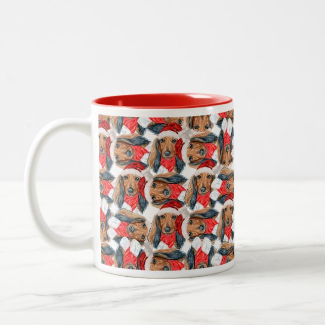 Funny Long Haired Dachshund Christmas Pattern Two-Tone Coffee Mug (Left)